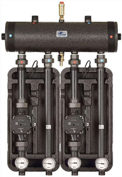 Set of distribution low loss header + pump group