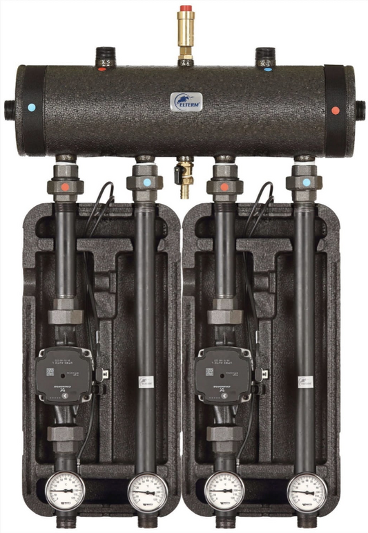 Set of distribution low loss header + pump group