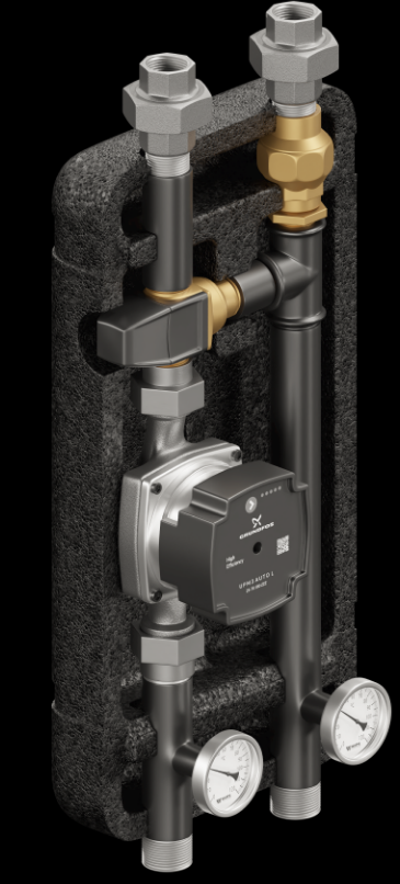 Set of distribution low loss header + pump group