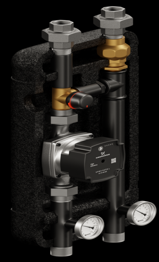 Set of distribution low loss header + pump group