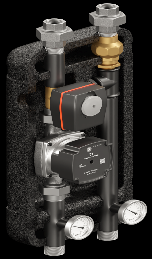 Set of distribution low loss header + pump group