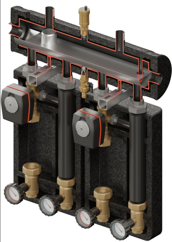 Set of distribution low loss header + pump group