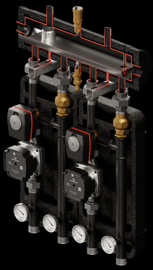 Set of distribution low loss header + pump group