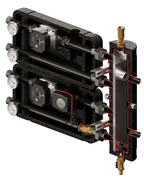 Set of distribution low loss header + pump group