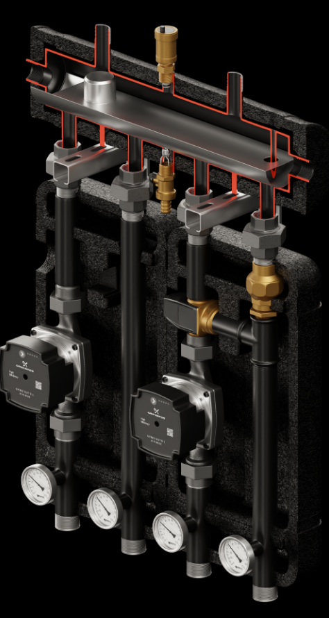 Set of distribution low loss header + pump group