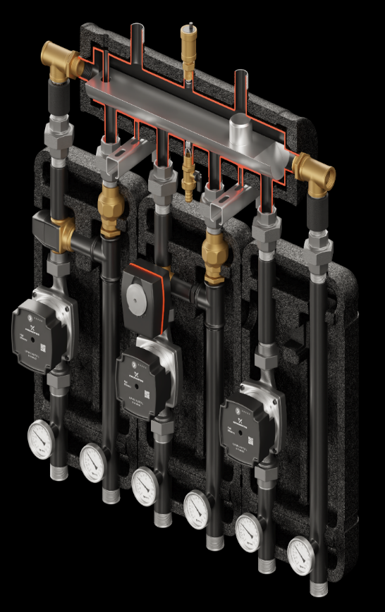 Set of distribution low loss header + pump group