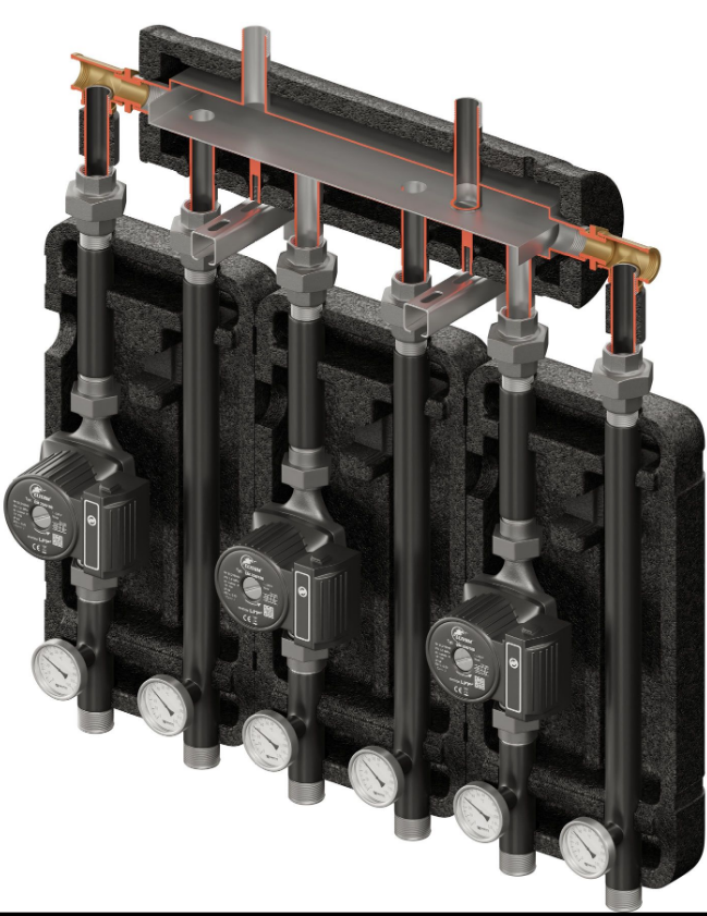 Set of distribution low loss header + pump group