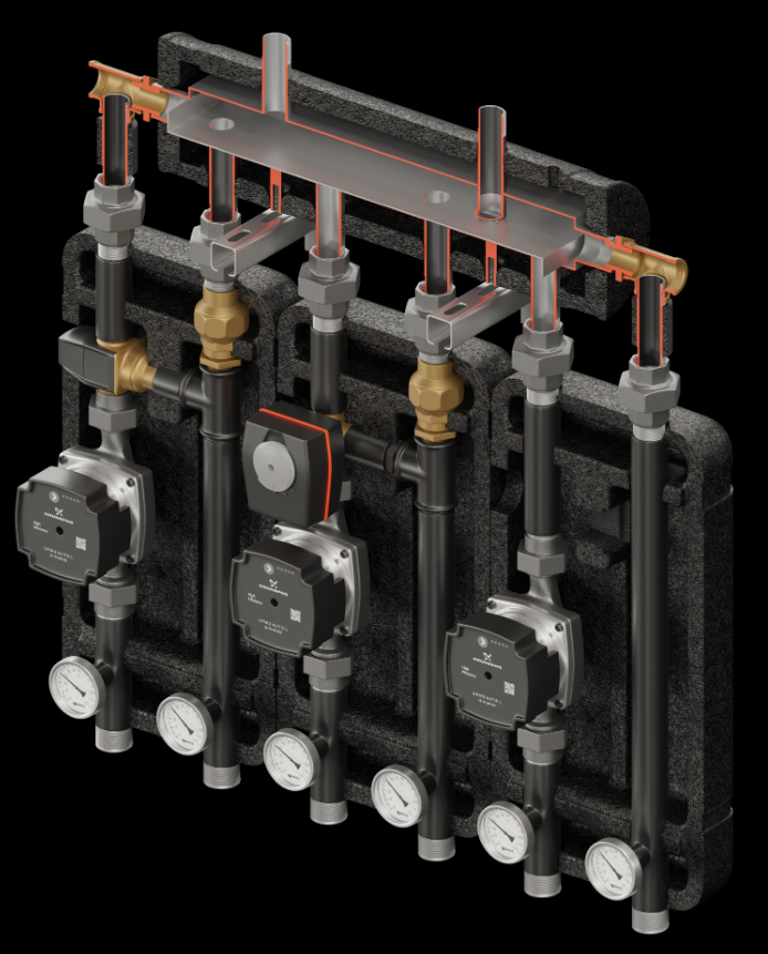 Set of distribution low loss header + pump group