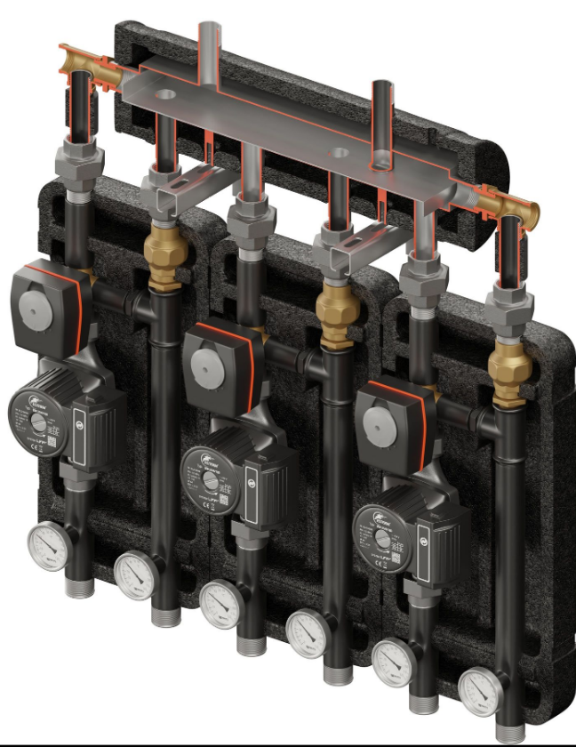 Set of distribution low loss header + pump group