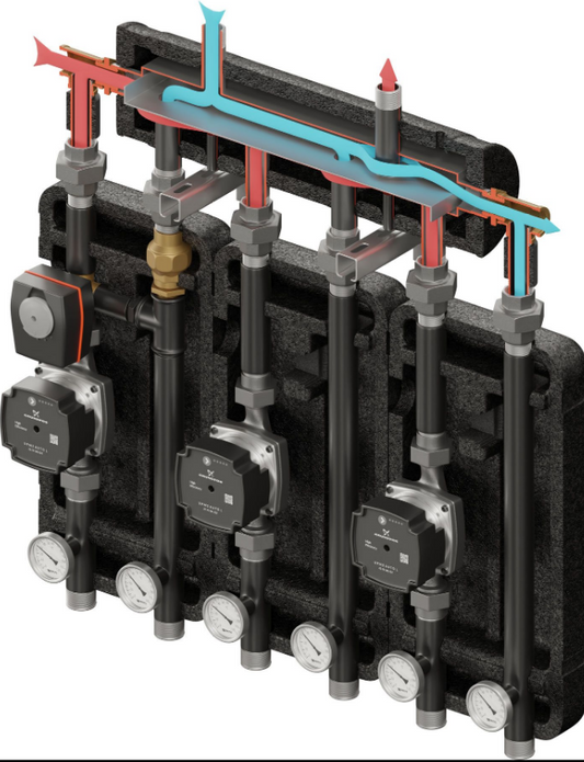 Set of distribution low loss header + pump group